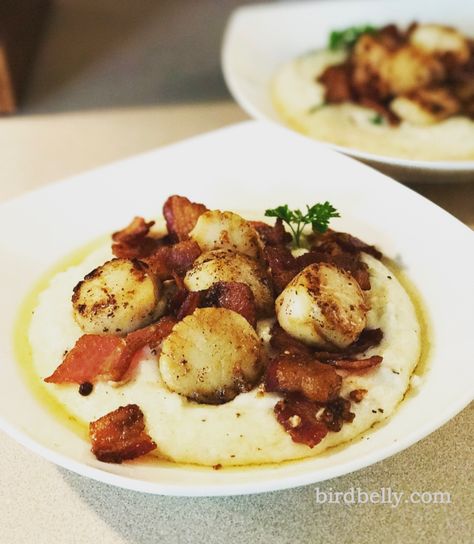 Scallops With Grits, Shrimp Scallops And Grits, Scallops And Cheese Grits, Scallop And Grits Recipes, Scallops And Grits, Scallops And Grits Recipe, Grits And Bacon, Grit Recipes, Seafood Grits