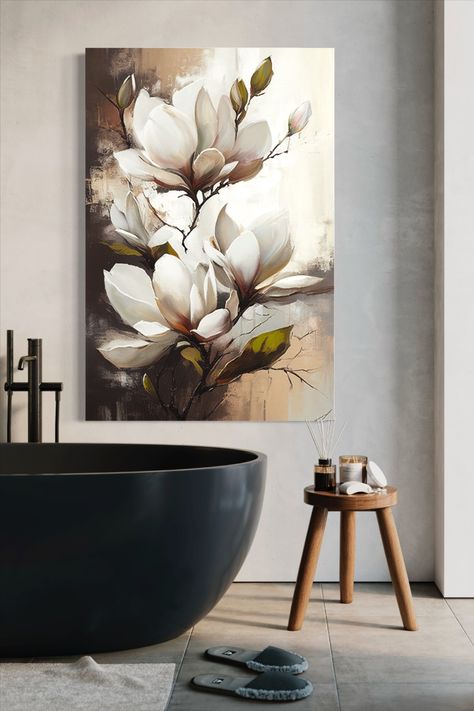 Vintage magnolia blossom oil painting, abstract art print, canvas print, vintage wall decor, abstract wall art, vintage art print Magnolia, White Flowers, Acrylic Painting, Canvas, Flowers, Wall, White, Black, Art