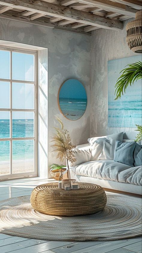 Emslifeandloves Home Styles Types Of Interior, Greek Style Home, Greek Interior Design, Aqua Living Room, Boho Coastal Bedroom, Beach Interior Design, Beach Interior, Vert Turquoise, Beach Theme Decor