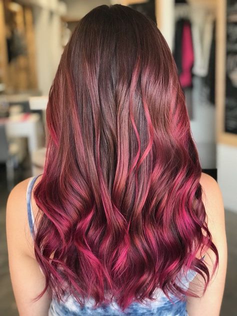 Magenta Balayage Hair, Magenta Tips Hair, Brown And Dark Pink Hair, Brown And Magenta Hair, Pink Baylage Hair Brunettes, Magenta Hair Highlights, Dark Brown And Pink Hair, Pink Hair Streaks Brunette, Magenta Balayage