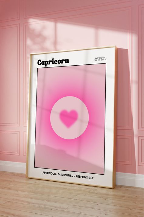 Capricorn Zodiac Printable Wall Art Pink Heart Gradient with  Capricorn Traits Capricorn Aura Wallpaper, Capricorn Wall Art, Capricorn Room Aesthetic, Capricorn Aura, Capricorn Poster, Capricorn Print, Room Decor Y2k, Aura Prints, Aura Posters