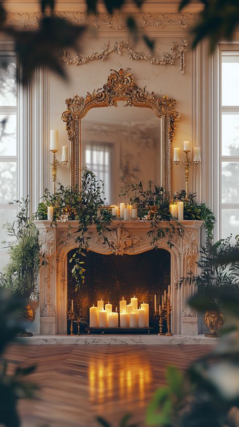 Elegant fireplace with antique mirror, candles, gold accents, and lush plants, creating a cozy, luxurious holiday atmosphere. 1920s Fireplace Ideas, Style A Mantle Mantel Ideas, Diy Ornate Fireplace Mantel, Large Artwork Over Fireplace, Mantle In Dining Room, Mantel With Windows On Each Side, European Fireplace Mantle, Holiday Decor Fireplace, Mantle With Shelves On Side