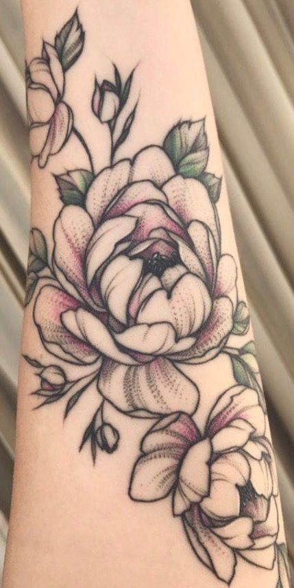 Partially Colored Tattoo, Light Color Flower Tattoo, Dot Work Tattoo Color, Light Color Tattoo Ink, Stipple Color Tattoo, Color Stippling Tattoo, Lightly Colored Tattoo, Lightly Colored Flower Tattoo, Hint Of Color Tattoo