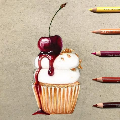 Pencil Colour Painting, Pencil Inspiration, Food Art Painting, Cupcake Drawing, Prismacolor Art, Food Sketch, Colored Pencil Artwork, Food Painting, Pencil Art Drawings