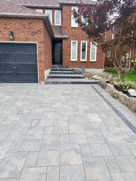 New interlock driveway, extension and front entrance.  #permacon #home #driveway #interlock #landscape #hardscape #design #canada #outdoor #curbappeal #kingkongtracting Front Driveway Ideas, Front Garden Ideas Driveway, Garden Ideas Driveway, Front Yard Walkway, Garden Slabs, Red Brick House Exterior, Diy Driveway, Brick Driveway, Walkway Landscaping