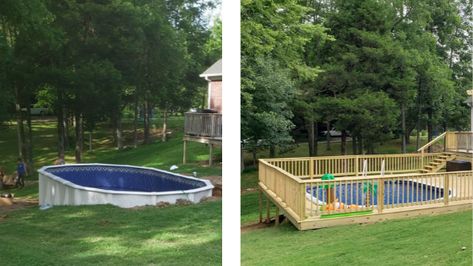 Pool In Hill Backyards, Above Ground Pool Deck Ideas On A Hill, Above Ground Pool In Hillside With Deck, Pool In Side Of Hill, Swimming Pool On A Hill, Swimming Pool On Sloped Yard, Above Ground Pool Hillside, Above Ground Pool Deck Ideas Sloped Yard, Above Ground Pool On A Slope