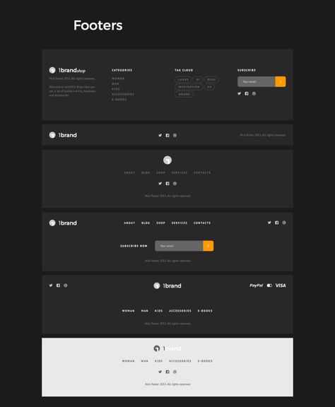 Introducing OneBrand UI Kit for Sketch. Stylish kit with bold typography and hundreds clean elements in 10 different categories: e-commerce, blog, headers, footers, navigation, widgets, post, forms, base elements and sample pages. Header And Footer Design, Desain Ux, Blog Headers, Ui Design Mobile, Wireframe Design, Footer Design, Web Ui Design, Design Websites, Webpage Design