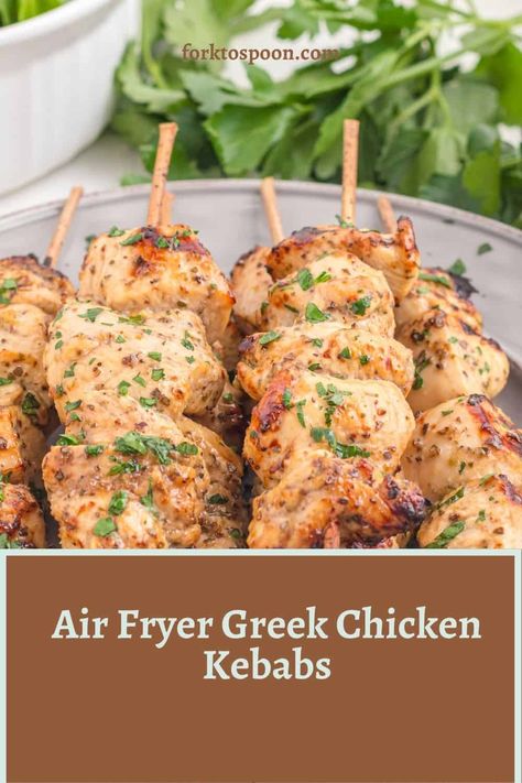 Air Fryer Greek Chicken, March Meals, Greek Chicken Kebabs, Greek Chicken Skewers, Greek Chicken Kabobs, Chicken Kabob Recipes, Chicken Kebab Recipe, Chicken Skewer Recipe, Greek Chicken Recipes