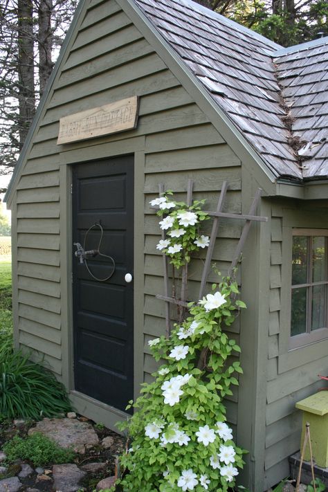 Decorating Outside Of Shed Ideas, She Shed Exterior Paint Ideas, Garden Shed Paint Ideas, Shed Painting Ideas, Garden Shed Colours, Garden Shed Exterior Ideas, Shed Paint Colours, Shed Exterior Ideas, Green Shed