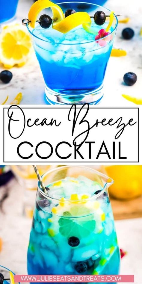 Easy tropical drink that's quick to make in either single serving or a large batch! This Ocean Breeze Cocktail is a delicious mixture of blue curacao, rum and lemonade. Perfectly refreshing on a hot summer day at the lake, pool or a backyard party! Ocean Breeze Cocktail, Blue Curacao Drinks, Rum And Lemonade, Tropical Cocktail Recipes, Pool Party Drinks, Pool Drinks, Day At The Lake, Summer Drinks Alcohol, Easy Cocktail