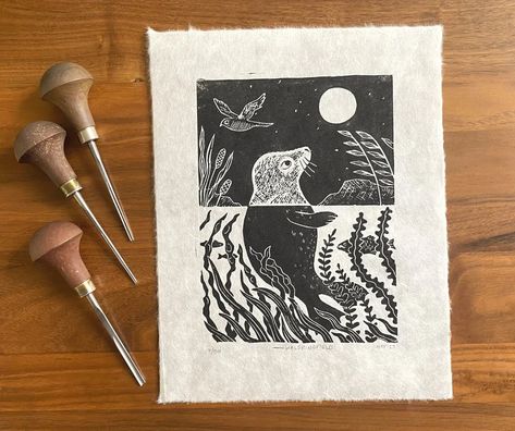 Seal Linocut, Linocut Animals, Linocut Christmas, Lino Design, Lino Printing, Lino Cut, Linocut Art, Handmade Stamps, Relief Print