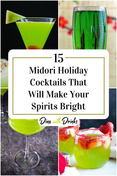 Collage of 4 midori holiday cocktails. Punch Bowl Drinks, Midori Sour Recipe, Midori Drinks, Midori Cocktails, Christmas Cocktails Vodka, Drinks With Pineapple Juice, Midori Sour, Holiday Cocktail Recipes, Vodka And Pineapple Juice