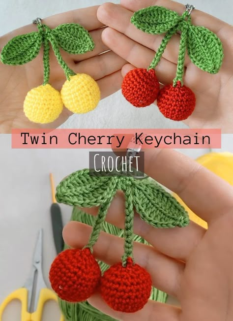 Twin Cherry Keychain Crochet Cherry Crochet Pattern, Crochet Cherry Keychain Pattern, Crochet Cherry Keychain, Crochet Cherry Earrings, Crochet Sakura Keychain, Cherry Keychain, Crochet Cherry, Keychain Crochet, Crochet Twist