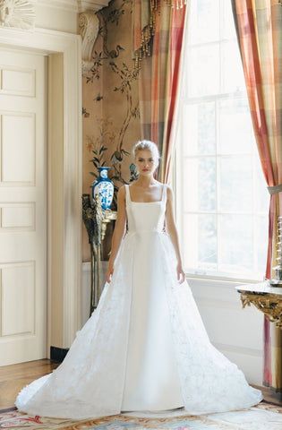 Square neck trumpet gown of mikado, with V-back. Pairs with the Callaway Detachable Train of... Anne Barge Blue Willow, Blue Willow Wedding, Anne Barge Wedding Dresses, Couture Aesthetic, Mikado Wedding Dress, Simple Wedding Gowns, Anne Barge, Detachable Skirt, Detachable Train