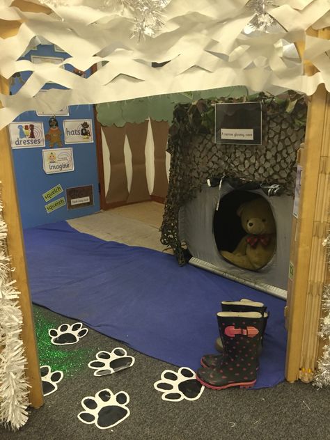 We're Going on a Bear Hunt role-play area.                                                                                                                                                                                 More We're Going On A Bear Hunt Eyfs, Were Going On A Bear Hunt, Hibernation Dramatic Play, We're Going On A Bear Hunt, We’re Going On A Bear Hunt Activities, Going On A Bear Hunt Activities, Bear Hunt Activities, Camping Dramatic Play, Bear Activities