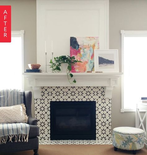 Krystal looked at her beige fireplace and saw a blank canvas. She got to work painting tiles to bring some pattern to her living room. Fireplace Update, Tile Fireplace, Farmhouse Fireplace, Foyer Decorating, Faux Fireplace, Corner Fireplace, Fireplace Remodel, Up House, Home Fireplace