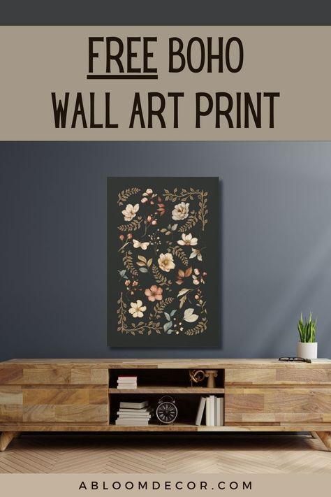 Free boho wall art print with pink, sage, peach, cream, and gold flowers and leaves set over a dark background. Boho Prints Art Free, Free Printable Wall Art Boho, Free Printable Wall Art Living Room, Academia Classroom, Free Wall Art Prints, Wall Art Prints Printables, Free Wall Art Printables, Cottagecore Wall Art, Whimsical Cottagecore