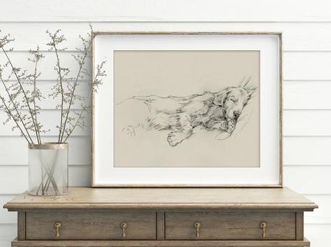 Golden Retriever Sleeping, Retriever Drawing, Golden Retriever Drawing, Kids Playroom Art, Golden Retriever Art, Drawing Dog, Dog Wall Decor, Dog Sketch, Dog Artwork