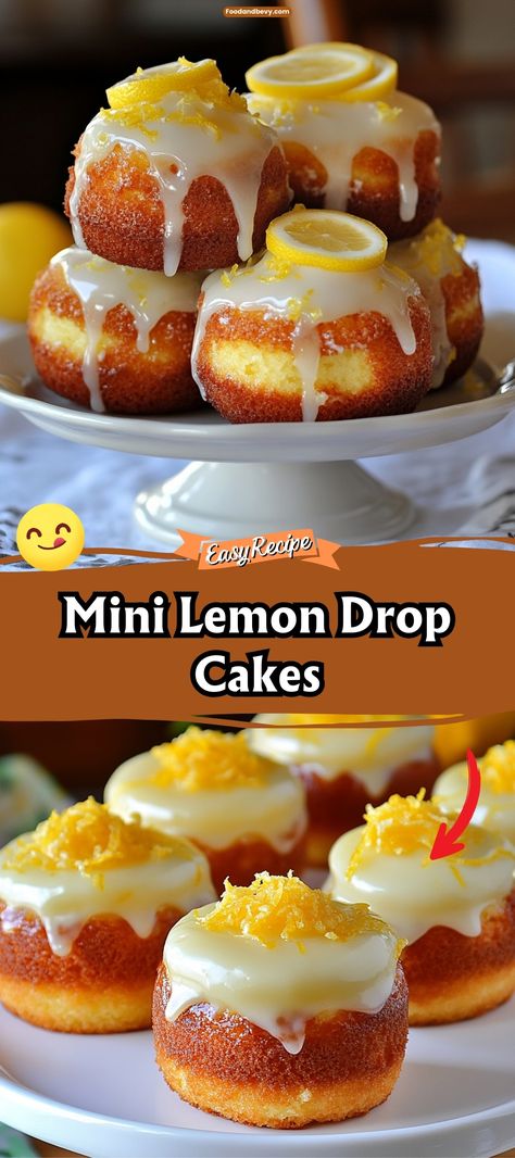 Bite into the zesty sweetness of Mini Lemon Drop Cakes, tiny bursts of bright lemon flavor in a fluffy, moist cake form. Topped with a light lemon glaze, these mini cakes are perfect for parties, afternoon teas, or whenever you need a little pick-me-up. #LemonDropCakes #MiniCakes #CitrusDessert Lemon Cake Topping, Mini Lemon Drizzle Cake, Lemon Cake Recipes Using Cake Mix Boxes, Lemon Cake Decoration, Best Lemon Pound Cake, Mini Bunt Cake, Lemon Glaze Cake, Dessert Business, Drop Cake