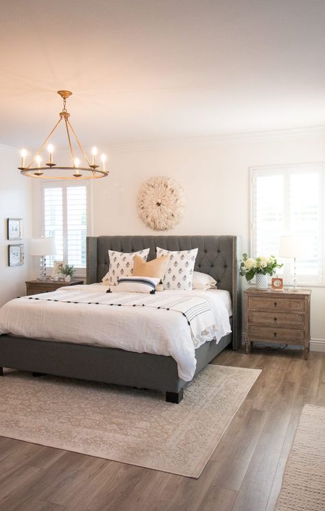 Grey Headboard Bedroom, Grey Headboard, Master Room, Chandelier Bedroom, Contemporary Chandelier, Gray Bedroom, Bedroom Headboard, Chic Bedroom, Grey Bedding