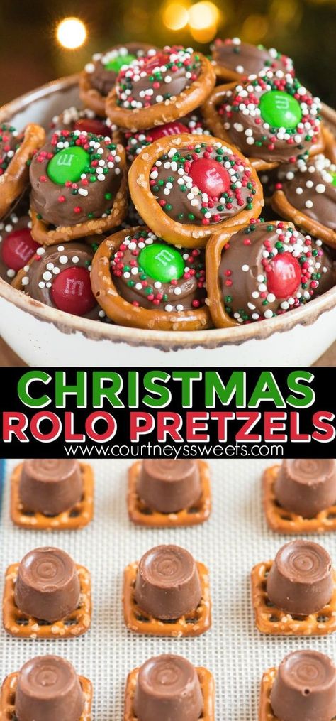 Rolo Pretzels with m&m candies Rolo Pretzels, Christmas Pretzels, Xmas Treats, Christmas Baking Recipes, Dessert Oreo, Easy Christmas Treats, Christmas Candy Recipes, Candy Recipes Homemade, Christmas Foods