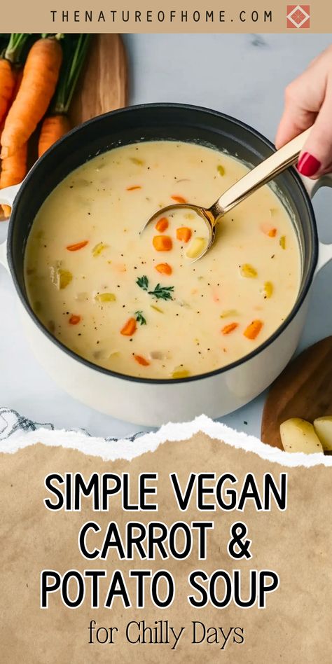 Simple and satisfying, this vegan carrot and potato soup is perfect for chilly days. Made with wholesome ingredients, it's a healthy and comforting meal. Save this pin for a go-to vegan soup recipe! Kale Carrot Soup, Vegan Winter Soups And Stews, Vegetarian Creamy Soup, Vegan Tuscan Soup, Vegan Gluten Free Soup Recipes, Simple Vegan Soup, Nutritarian Soup, Vegan Soup Recipes Plant Based, Fast Dinner Recipes Vegetarian