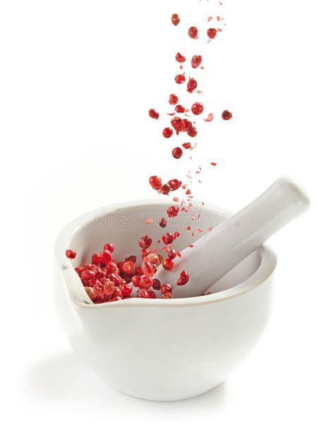 Red peppercorns falling into mortar and pestle stock photos Pink Mortar And Pestle, Japanese Mortar And Pestle, Mortar And Pestle, Red Peppercorn, White Background, Condiments, Stock Images, Stock Photos, Red