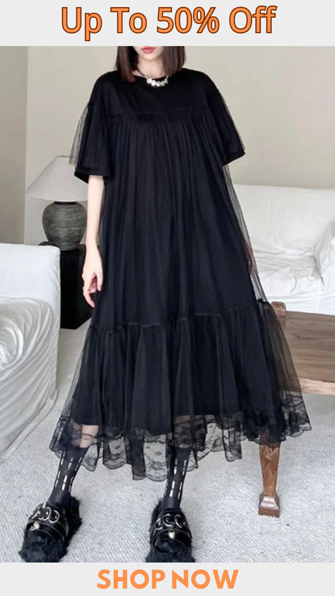 Goth Loose Black Round-Neck Patchwork Pleated Tulle Tiered Fake Two-Piece Dress Kiki Costume, Stylish Midi Dress, Layered Fashion, Pleated Midi Dress, Casual Office, Gingham Dress, Daily Dress, Layered Look, Two Piece Dress