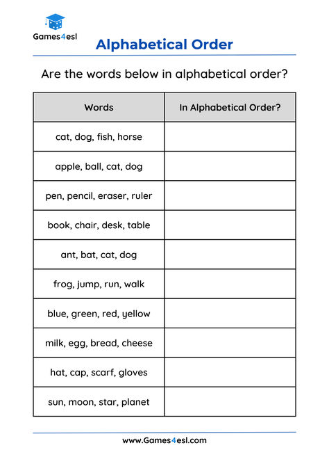 These worksheets are designed for grade 1 students to practice putting words in alphabetical order. Class Kg English Worksheet, Worksheet For Grade 1 English, Alphabet Worksheets For Grade 1, Alphabetical Order Worksheets Grade 2, Alphabet Order Worksheets, Grammar Lessons For Grade 1, Grade 1 Worksheets English, English For Grade 3 Worksheets, English Grade 1 Worksheets