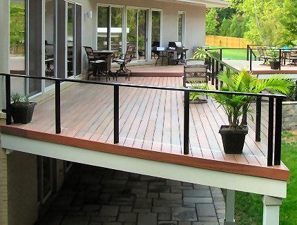 An elevated deck with glass panel rails maximizes a backyard view with plenty of style. | dekrail.ca Glass Railing Deck, Deck Railing Kits, Wood Deck Railing, Capira, Aluminum Railing Deck, Deck Railing Ideas, Glass Railing System, Patio Railing, Deck Railing Design