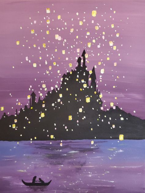 I love this movie so much so i decided to recreate my favorite scene!! Floating Lights Painting, Tangled Lanterns Scene, Tangled Painting, Tangled Lanterns, Lights Painting, Lantern Painting, Lantern Art, Scene Wallpaper, Floating Lights