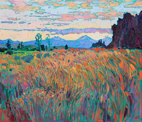 Smith Rock is a popular rock climbing destination near Bend, Oregon. You can see the peaks of the Three Sisters in the distance, blue against the warm hues of the setting sky. The long grasses in the foreground glow with the colors of summer. Oregon Landscape, The Three Sisters, American Impressionism, Erin Hanson, Contemporary Impressionism, Modern Impressionism, Three Sisters, Impressionist Art, Large Painting