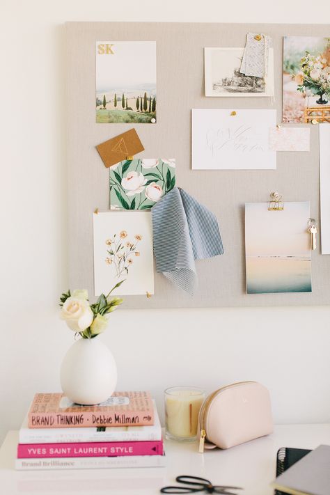 Looking for a simple, inexpensive DIY pinboard tutorial? Using corkboard and linen, our DIY pinboard is perfect for your office, kitchen, and more! Diy Pinboard, Pinboard Ideas, Monika Hibbs, Inexpensive Home Decor, Office Makeover, Office Inspiration, Cork Board, Home Office Design, Home Office Decor