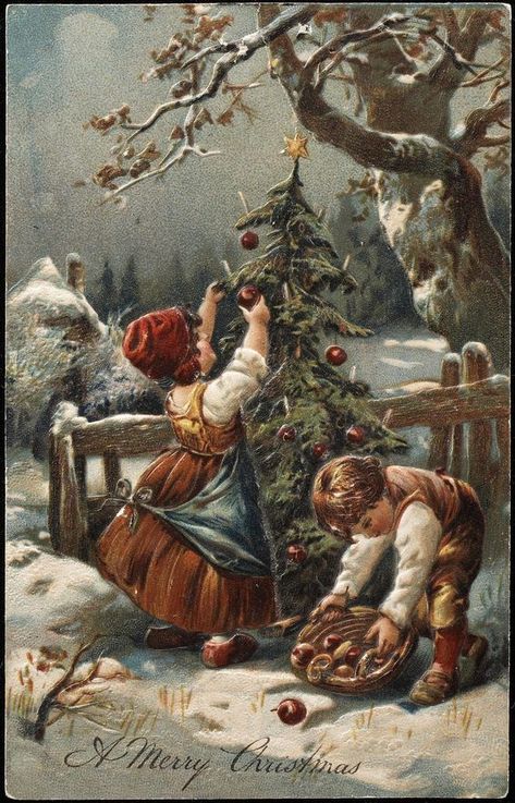 Antique Christmas Cards, Vintage Christmas Tree Decorations, Vintage Christmas Images, Old Christmas, Old Fashioned Christmas, Christmas Drawing, Christmas Past, Antique Christmas, Christmas Scenes