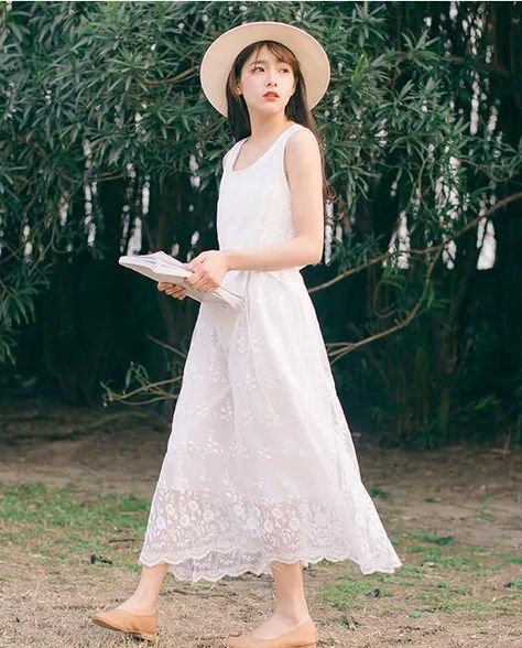 #sundress #lace #whitedress #summer Outdoor Shoot Ideas, Japan Fits, Cute Sundress, Mori Style, Pale Girl, Forest Girl, Outdoor Shoot, Mori Girl, Japan Fashion