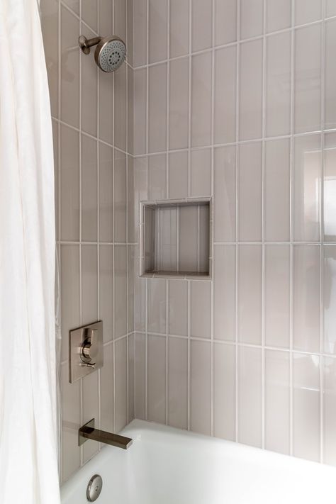 Long Vertical Tiles Bathroom, Big Vertical Shower Tile, Tile For Around Bathtub, 3x9 Subway Tile Bathroom, Verticle Tile Showers, Vertical Straight Stack Shower Tile, Niche In Tub Shower Combo, Bath Tub Tile Ideas Shower Surround, Large Tile Tub Surround