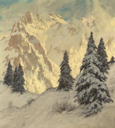 Hugo Hodiener, Misty Nature, Aesthetic Drawings, Cottagecore Art, Mountain Landscape Painting, Bg Design, Winter Evening, Painting Snow, Christmas Painting