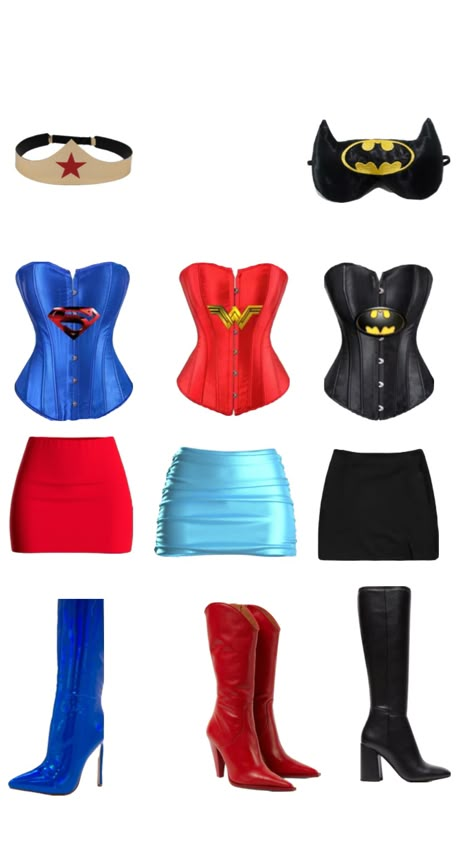 The Flash Costume Women, Trio Marvel Costumes, Dc Superhero Costumes, Halloween Costumes Dc Women, Costumes With A Black Corset, Trio Halloween Costumes Super Hero, Cute Black Halloween Costumes, Hollowed Costume Ideas, Costume Ideas For Groups Of Five