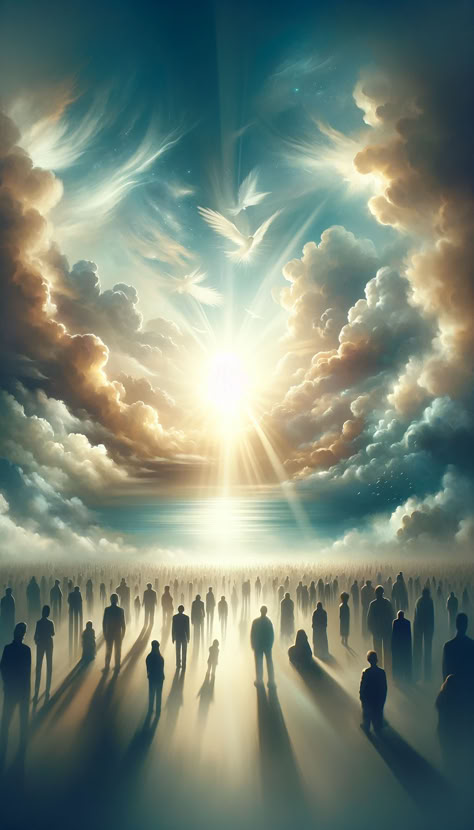 mage showing a serene sky with radiant light and diverse silhouettes looking upwards, symbolizing hope and the mystery of the Rapture, linked to an insightful article on JackRighteous.com. The Rapture Art, Rapture Aesthetic, People In Heaven, Rapture Art, New Heaven And New Earth, Rapture Quotes, Verses About Beauty, People Helping Each Other, Godly Art