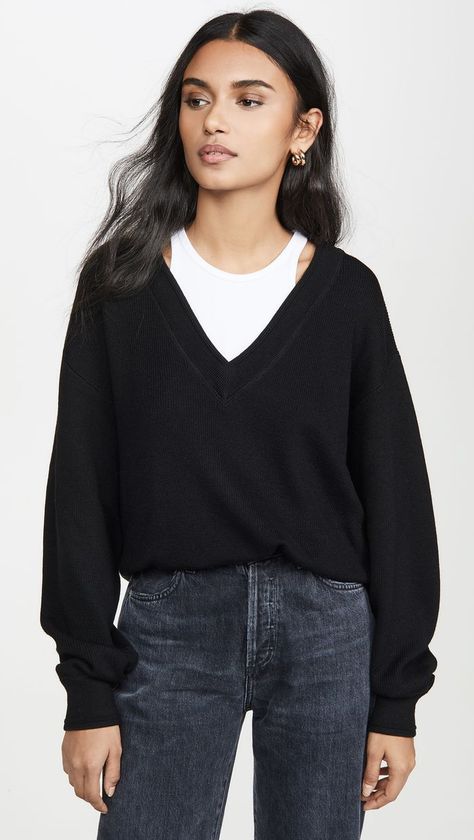 alexanderwang.t Bi-Layer V-Neck Sweater Black V Neck Sweater Outfit, Vneck Sweater Outfit, Knitted Sweater Outfit, V Neck Sweater Outfit, Neck Sweater Outfit, Blue Knitted Sweater, Sweater Outfit Ideas, Black V Neck Sweater, Sweater Outfit