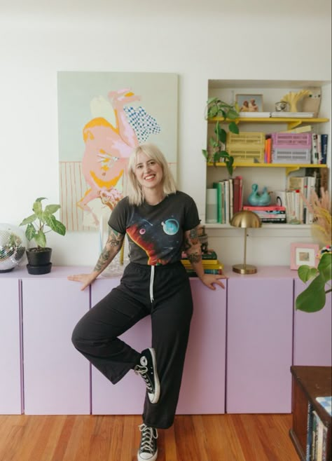 Purple ivar cabinets, bright colorful interior design, colorful living room, vintage space tshirt, chef pants, converse Ivar Shoe Cabinet, Ivar Living Room, Interior Design Colorful, Colorful Living Room, Living Room Vintage, Space Tshirt, Purple Home Decor, Contemporary Living Room Design, Colorful Interior