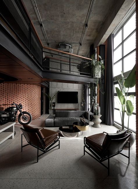 Industrial Interior Design Furniture, Industrial Interior Furniture, Modern Industrial Interior Color Palette, Industrial Lobby Design, Brick Feature Wall, Industrial Loft Design, Modern Industrial Interior, Industrial Style Interior, Industrial Home Design