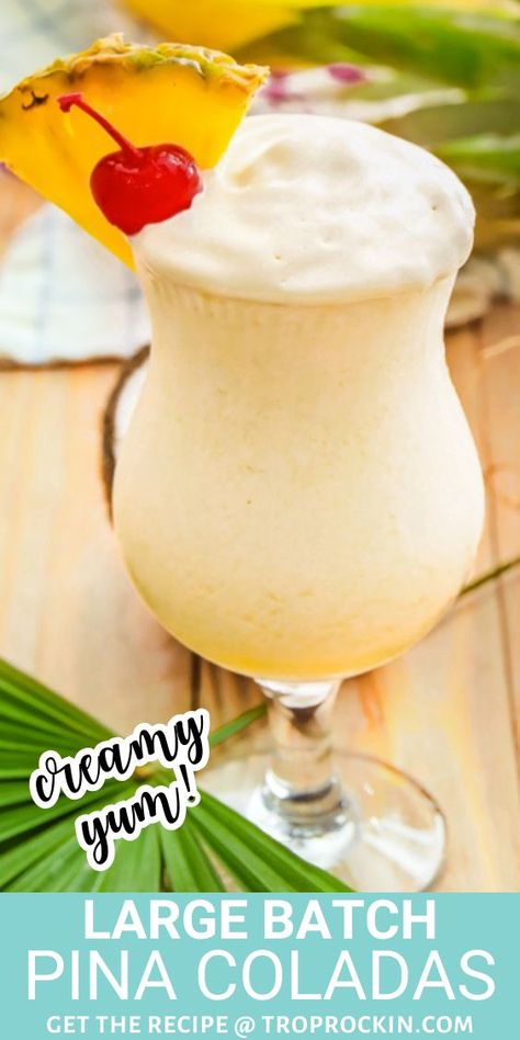 This Big Batch Pina Colada recipe is creamy and delicious! Add a little vanilla ice cream to get the extra smooth texture and top with whipped cream. Cheers! Pina Colada Pitcher Recipe, Batch Summer Cocktails, Creamy Pina Colada Recipe, Pina Colada Recipe With Ice Cream, Pina Colada Drink, Pina Colada Punch, Easy Pina Colada Recipe, Piña Colada Recipe, Pina Colada Cocktail Recipe