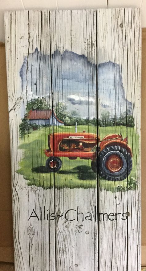 Tractor acrylic paint on reclaimed pallet wood Tractor Painting, Jar Painting, Tractor Art, Western Journal, Tractor Pictures, Farm Paintings, Old Tractor, Barn Art, Farm Crafts