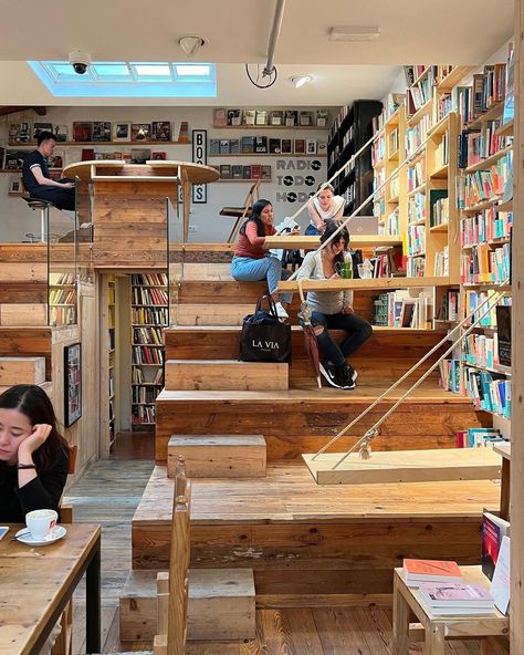 Library And Coffee Shop, Cute Book Store, Gothic Bookstore, Cabin Bookshelves, Coffee And Book Shop, Library Cafe Aesthetic, Book Shop Design, Book Store Cafe, Bookstore Design