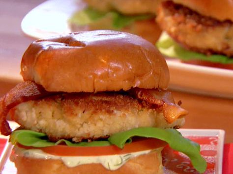 Crab Cake BLT Recipe : Patrick and Gina Neely : Food Network Blt Recipe, Blt Recipes, Crab Cake Recipes, Crab Cake Recipe, Crab Cake, Crab Cakes, Wrap Sandwiches, Seafood Dishes, Fish And Seafood