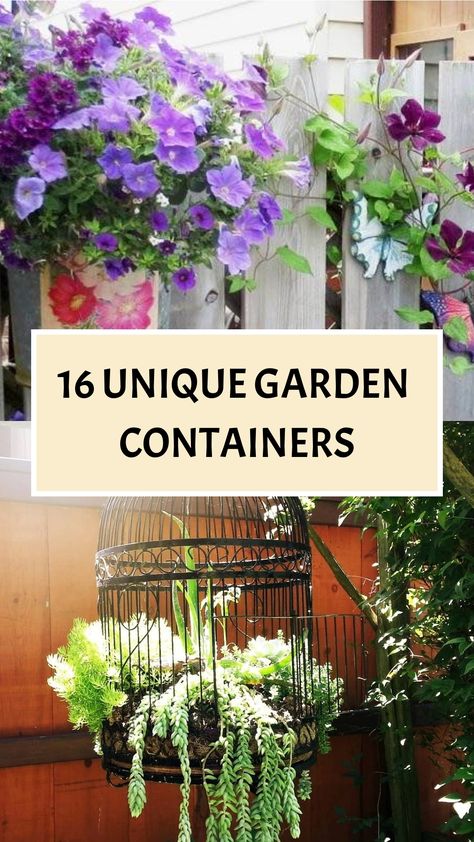 Enhance the charm of your outdoor space with these inventive garden container ideas! Upcycle vintage suitcases, repurpose colanders as planters, or convert an old wheelbarrow into a portable herb garden. These unique containers will infuse character and flair into your garden, transforming it into a captivating retreat. Embrace creativity, explore unconventional options, and elevate your landscape with these fantastic container choices that are sure to impress anyone who sees them. Unique Planters Outdoor, Potted Garden Ideas, Quirky Garden Ideas, Diy Container Garden, Unique Planter Ideas, Recycled Garden Planters, Garden Container Ideas, Recycled Planters, Creative Planters