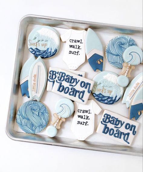 Beach Baby Shower Cookies, Baby On Board Cookies, Surfer Baby Shower Ideas, Baby On Board Shower Theme, Surf Baby Shower Theme, Baby On Board Cake, Surf Cookies, Baby On Board Baby Shower Ideas, Beach Baby Shower Theme