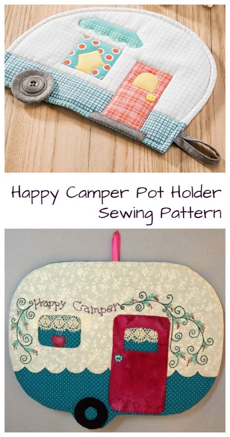 DIY Vintage Quilted Camper Hot Pad Free Sewing Patterns | Fabric Art DIY Pot Holders Sewing, Pot Holder Sewing, Camper Applique, Quilted Potholder Pattern, Camper Quilt, Fabric Art Diy, Camping Quilt, Scrap Fabric Projects, Potholder Patterns