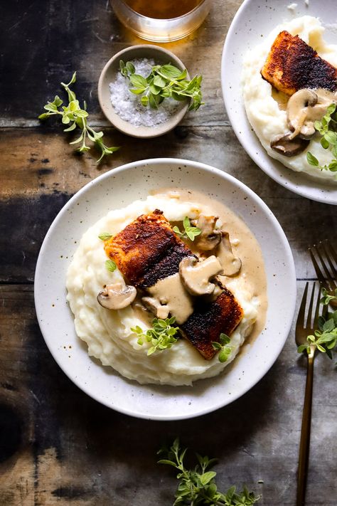 Simple, supple, and stylish, this blackened salmon is smothered in a brandy-infused mushroom cream sauce. Irresistible over mashed potatoes or polenta - make this to impress all of your fish-loving family and friends over Christmas! Salmon And Mashed Potatoes Dinners, Salmon And Mashed Potatoes, Mushroom Cream Sauce, Dirty Diana, Over Mashed Potatoes, Mushroom Cream Sauces, Blackened Salmon, Loving Family, Cream Sauce